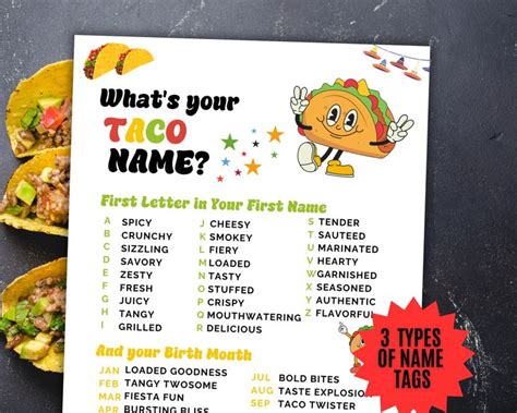 Whats Your Taco Name Game Sign And Name Tags Taco Party Game Mexican