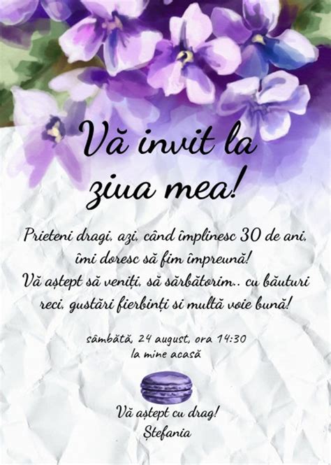 Invitatie La Petrecere Cu Flori Mov Pentru De Ani