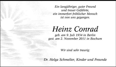 Traueranzeigen Von Heinz Conrad Trauer In Nrw De