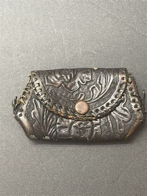 Antique Early 1900s Hand Tooled Leather Coin Purse Gem