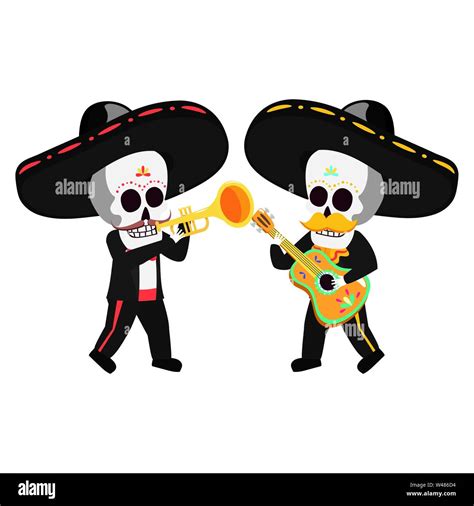 Mexican Skulls Mariachis With Trumpet And Guitar Stock Vector Image