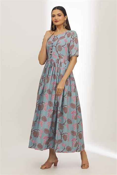 Buy Adara Khan Blue Muslin Cherry Blossom Print Tunic Online Aza Fashions