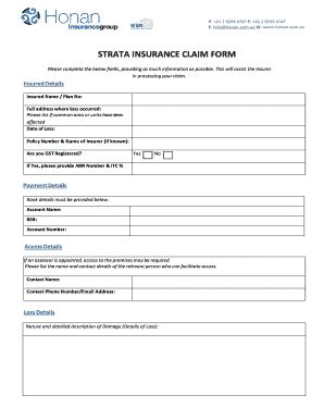 Fillable Online Strata Insurance Claim Form Honan Insurance Fax Email