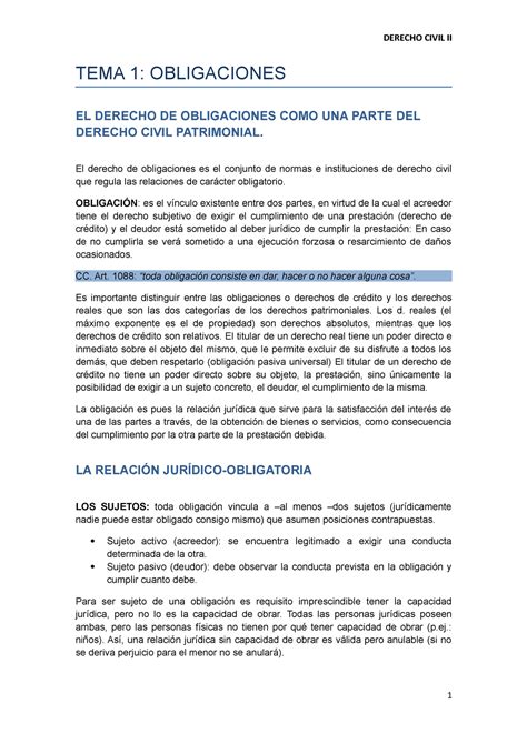 Resumen Civil Ii La Obligacion Derecho Civil Ii Tema 1 Obligaciones