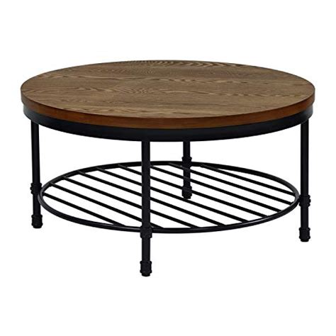 Round Coffee Table Rustic Wood Surface Top And Sturdy Metal Legs Industrial Sofa Table For Living