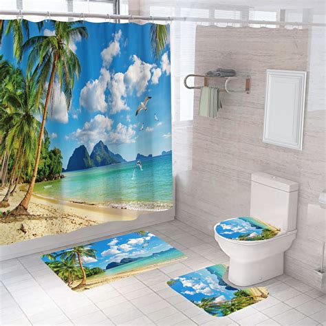 Pcs Shower Curtain Set Starfish Beach Sunset Travel Sand Blue Ocean