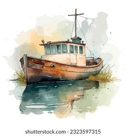 Retro Fishing Boat Watercolor Clipart Design Stock Vector Royalty Free