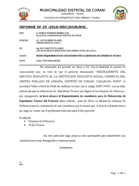 Informe N°025 Requerimiento De Consultoria Para Elaboracion De Expediente Tecnico Pdf