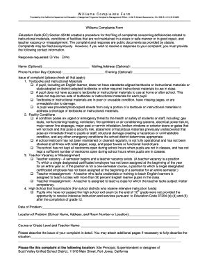 Fillable Online Svusd Sample Williams Complaints Form Uniform