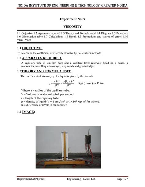 9 Viscosity Of Water Experiment Experiment No 9 Viscosity 1