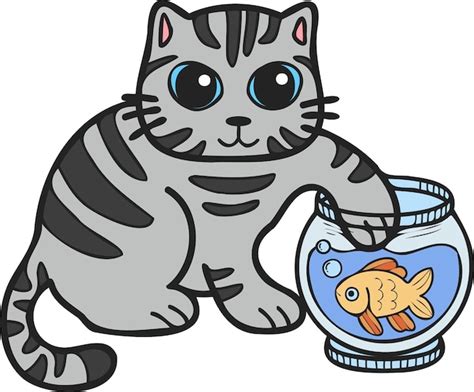 Gato rayado dibujado a mano jugando con ilustración de peces en estilo