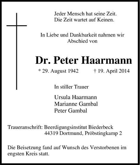 Traueranzeigen Von Peter Haarmann Trauer In Nrw De