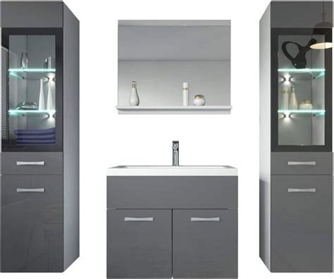 Meuble De Salle De Bain Rio Xl Led Cm Lavabo Gris Brillant Armoire