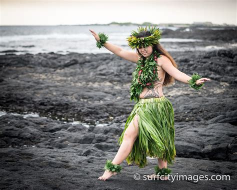 Hawaiian Hula Dancer In Traditional Ti Leaf Skirt Costume Hula