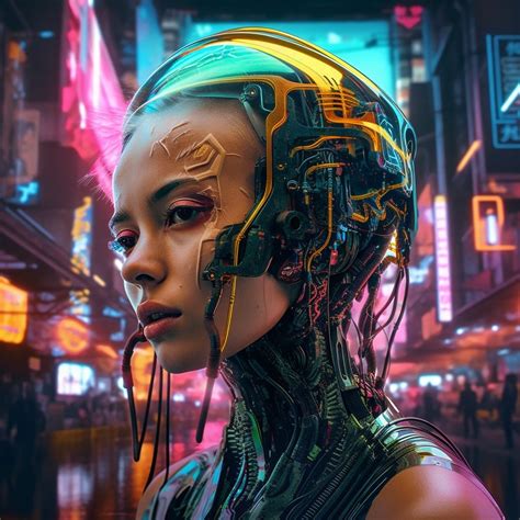 A Woman With A Futuristic Head In Front Of A Neon Ba