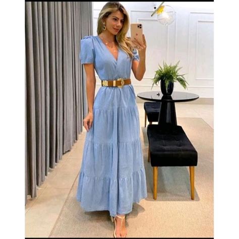 Vestido Jeans Tecido Fino - vestido longo jeans fino | Shopee Brasil