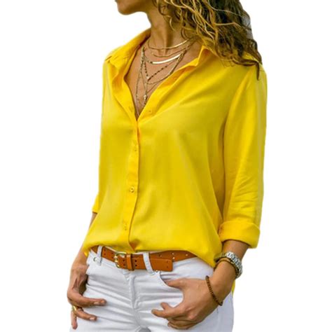 Women Yellow Chiffon Blouse Sexy Autumn Long Sleeve Button Asymmetrical