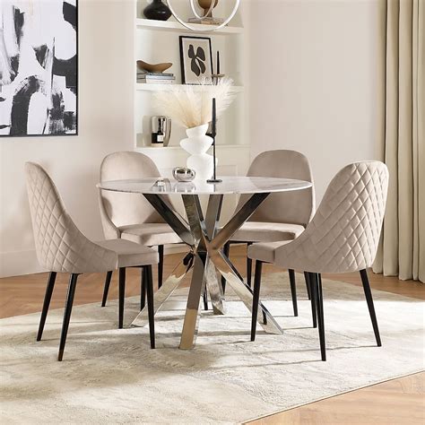 Plaza Round Dining Table Ricco Chairs Grey Chrome Marble Effect