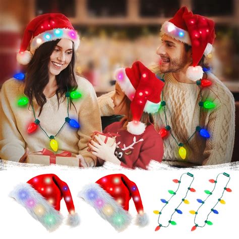 Sombreros Navide Os Con Luz Y Collar Para Ni Os Y Adultos Gorros Navide