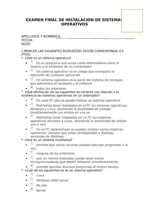 Examen Final DE Sistemas Operativos EXAMEN FINAL DE INSTALACION DE