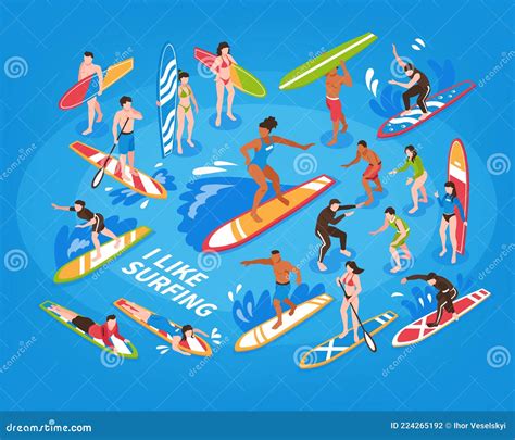 Surfing Isometric Blue Background Stock Vector Illustration Of