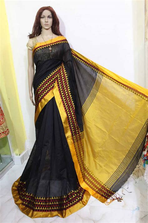 Debajit Black Cotton Silk Solid Bengal Tant Handloom Saree