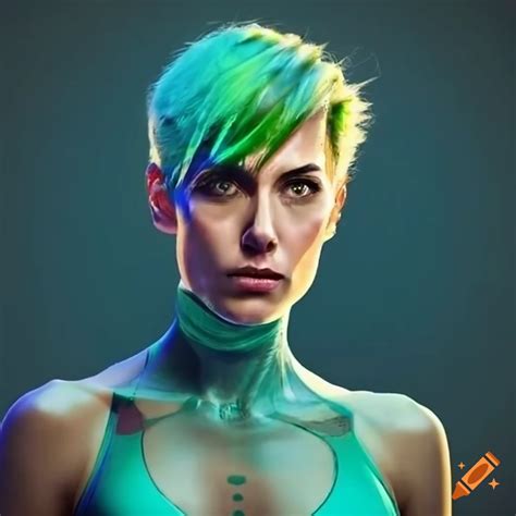 Character Design Of A Futuristic Woman With Short Green Hair And Green