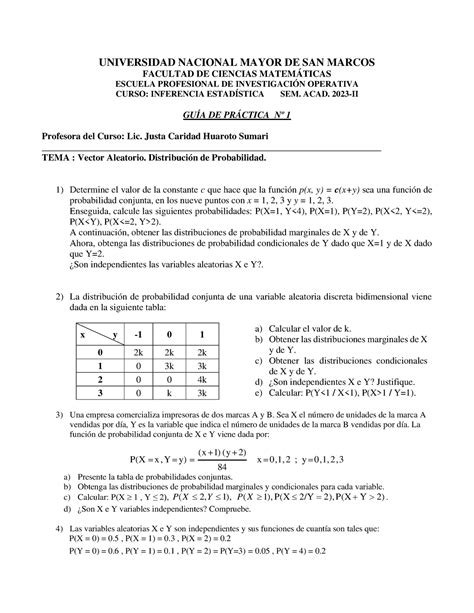 Práctica 1 Vectores Aleatorios Estadística Inferencial San Marcos