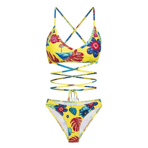 Bahama Mama Bikini Set Yellow Floral Print Swimsuit Blackbunnytique