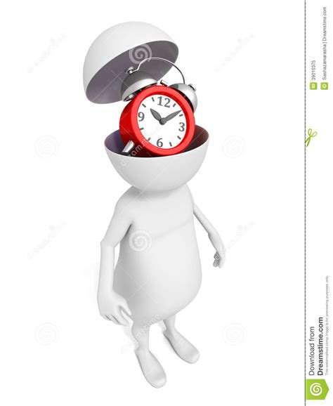 3D Human Waiting With Alarm Clock In Opened Head Stock Illustration