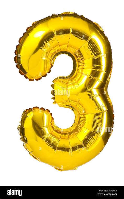 Helium Golden Balloon Number Three 3 Isolated On White Stock Photo