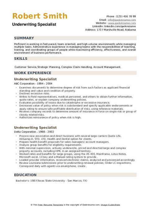 Underwriting Specialist Resume Samples Qwikresume