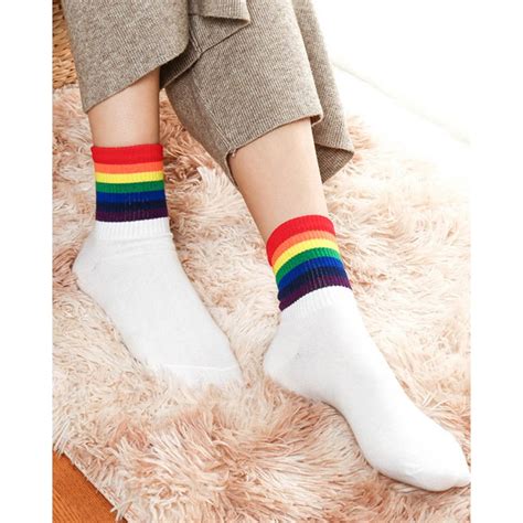 White Thick Rainbow Striped Unisex Sport Crew Socks Super X Studio