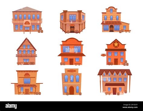 Western Wooden Buildings Vector Illustrations Set Stock Vector Image