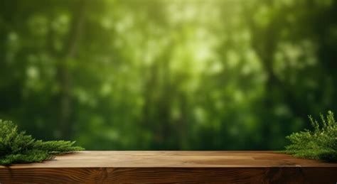 Premium Photo Wooden Table On A Green Grassy Background