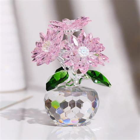 Movdyka Crystal Flower Figurine Statue Paperweight Glass Pink Daisy