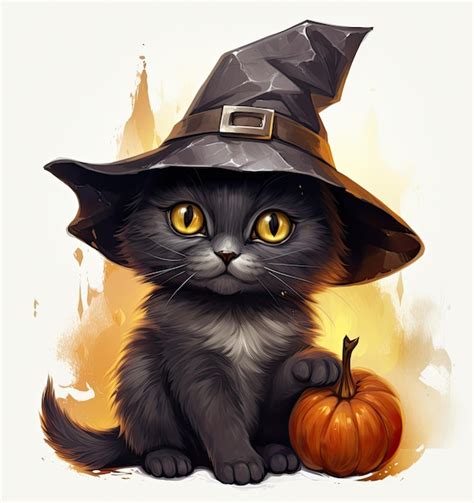 Premium Ai Image Halloween Black Cat In A Witch Hat Sits Against A