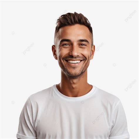 Smiling Man In White T Shirt Looking At Camera Isolated On Smiling Man