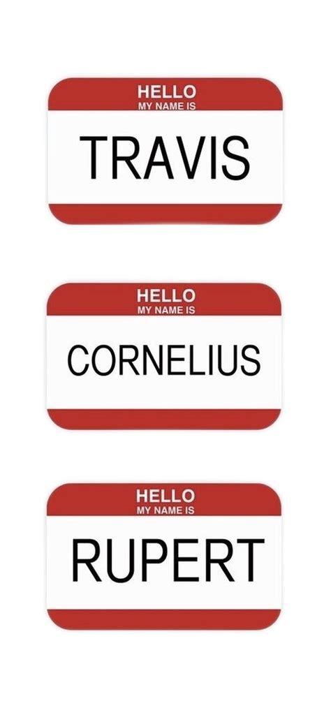 Two Red And White Name Tags With The Words Travis Hello Correlus