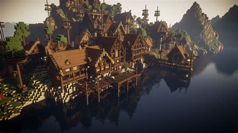 Modernes Minecraft Dorf Mit Wasser Darauf Erneutes Bild Hintergrund