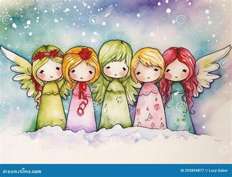 Whimsical Cute Christmas Angels In The Snow Stock Illustration Illustration Of Person Pink