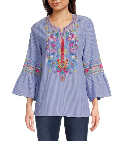 Calessa Split Embroidered V Neck 3 4 Sleeve Tunic Dillards