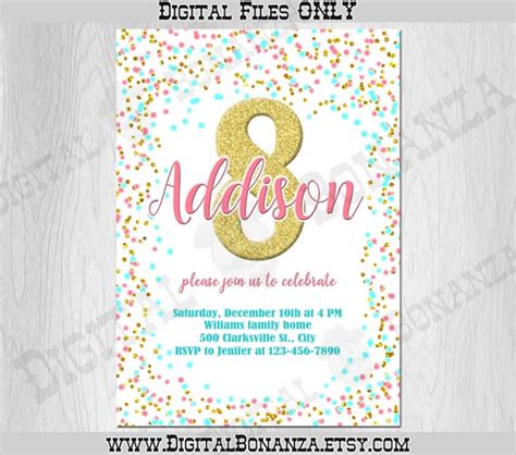 8th Birthday Invitation Pink Teal Gold Confetti Birthday Invitation