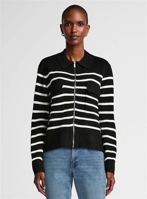 Polo Collar Zip Up Striped Cardigan Contemporaine Stripes