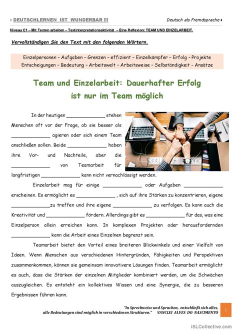 C Mit Texten Arbeiten Team Und Deutsch Daf Arbeitsbl Tter Pdf Doc