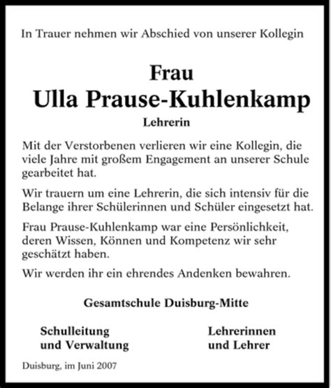 Traueranzeigen Von Frau Ulla Prause Kuhlenkamp Trauer In Nrw De