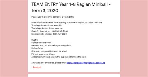 TEAM ENTRY Year 1 8 Raglan Miniball Term 3 2020