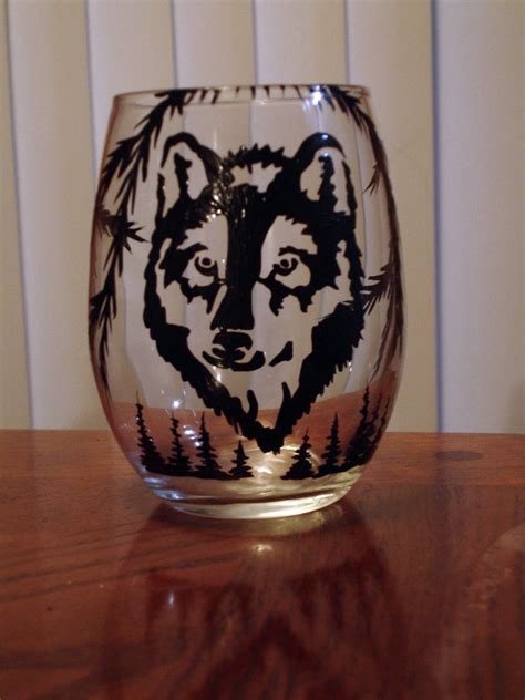 Hand Painted Wolf Wine Glass Etsy