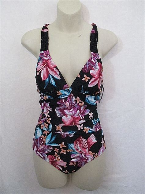 Merona Women S NWT 1 Piece Bathing Suit Black Floral Cross Back Ruched