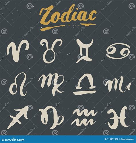 Zodiac Signs Set And Letterings Hand Drawn Horoscope Astrology Symbols